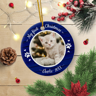 Ornamento De Cerâmica Primeiro Natal do Gato Simples Foto Rústica Azul