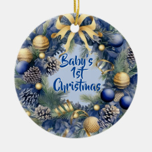 Ornamento De Cerâmica Primeiro Natal do Menino Azul Aquarela Grinalda