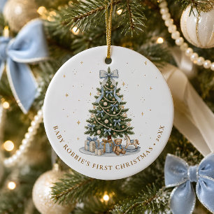 Ornamento De Cerâmica Primeiro Natal do Menino com Laço Azul Personaliza