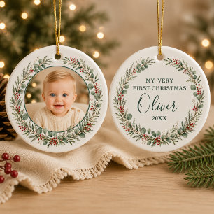 Ornamento De Cerâmica Primeiro Natal do Menino Personalizado com Foto