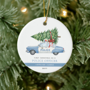 Ornamento De Cerâmica Primeiro Natal do Policial Moderno Personalizado