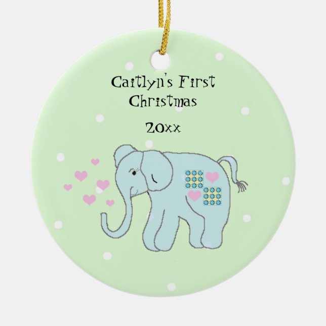 Ornamento De Cerâmica Primeiro Natal do Whimsical Elephant Baby (Frente)