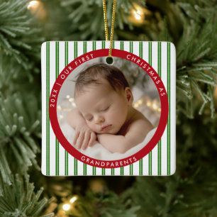 Ornamento De Cerâmica Primeiro Natal dos Avós Faixa Vermelha e Verde Fot