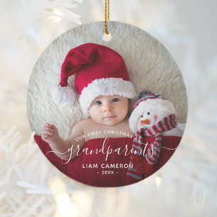 Ornamento De Cerâmica Primeiro Natal dos Avós Foto Branco Script