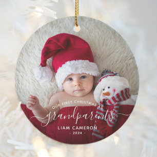 Ornamento De Cerâmica Primeiro Natal dos Avós Foto com Letra Branca