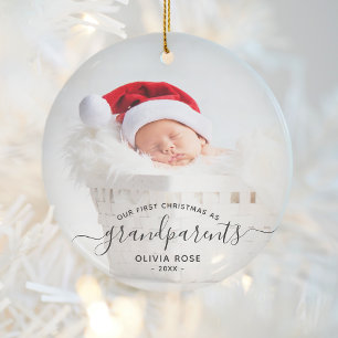 Ornamento De Cerâmica Primeiro Natal dos Avós Foto com Letra Preta