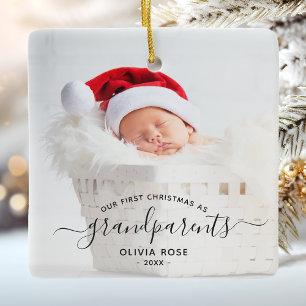 Ornamento De Cerâmica Primeiro Natal dos Avós Foto Script Preto