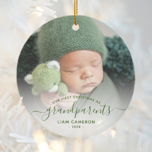 Ornamento De Cerâmica Primeiro Natal dos Avós Foto Script Verde