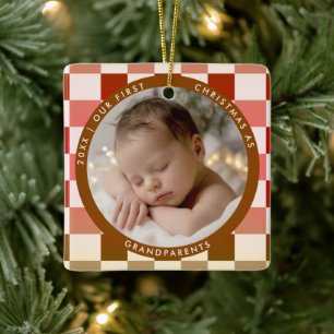 Ornamento De Cerâmica Primeiro Natal dos Avós Retro Xadrez Foto