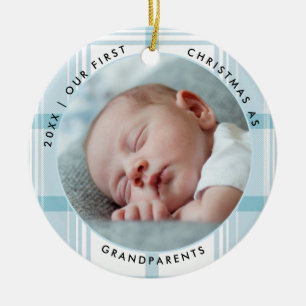 Ornamento De Cerâmica Primeiro Natal dos Avós Verde Azul Xadrez Foto