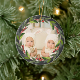 Ornamento De Cerâmica Primeiro Natal dos Gêmeos Aquarela Coroa Foto Cinz