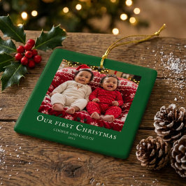 Ornamento De Cerâmica Primeiro Natal dos gêmeos foto de bebê Verde