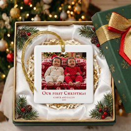 Ornamento De Cerâmica Primeiro Natal dos gêmeos foto de bebê Vermelho e