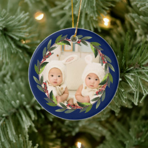 Ornamento De Cerâmica Primeiro Natal dos Gêmeos Foto em Aro de Aquarela