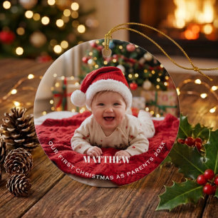 Ornamento De Cerâmica Primeiro Natal dos Novos Pais Foto do Bebê