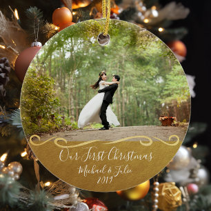 Ornamento De Cerâmica Primeiro Natal Dourado Casal Personalizado