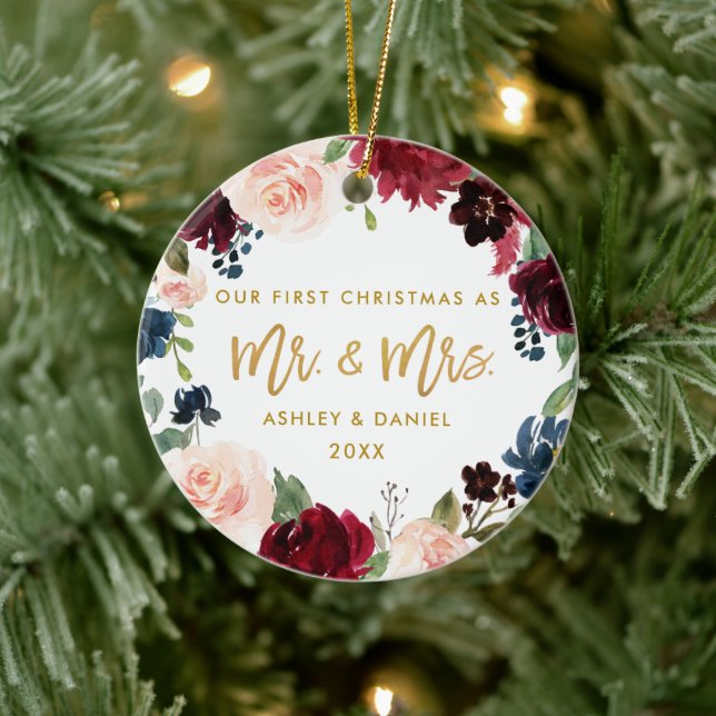 Ornamento De Cerâmica Primeiro Natal Dourado Manuscrito Aquarela Floral (Árvore)