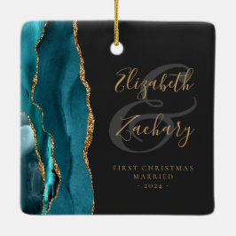Ornamento De Cerâmica Primeiro Natal: Dourado Script de Agate Teal Casad