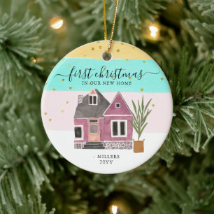 Ornamento De Cerâmica Primeiro Natal Editável em Nosso Novo Feriado Domé