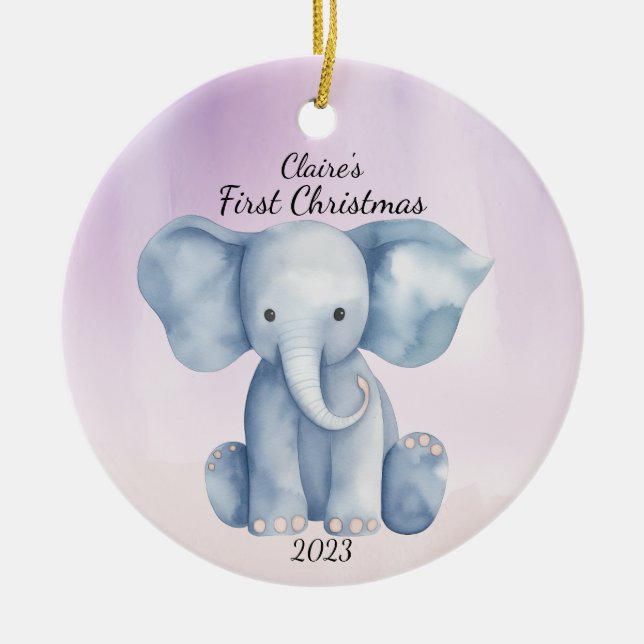 Ornamento De Cerâmica Primeiro Natal - Elefante Rosa Personalizado (Frente)
