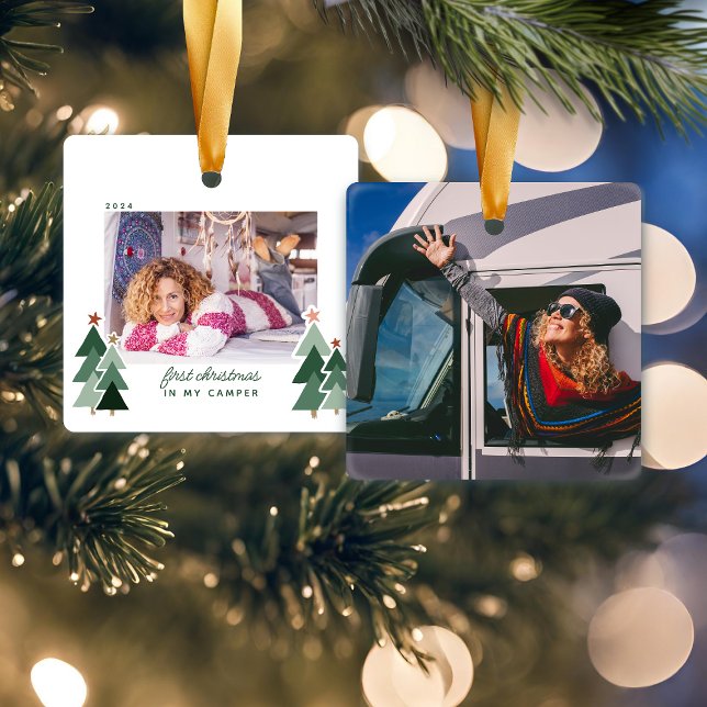 Ornamento De Cerâmica Primeiro Natal Em Camper RV - Foto De Árvores Russ (First Christmas In Camper RV Rustic Trees Photo Ceramic Ornament)
