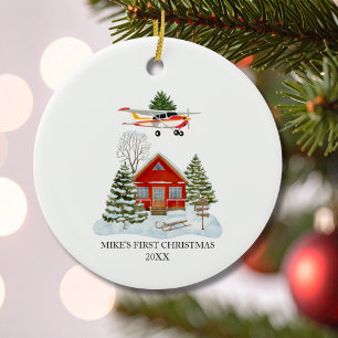 Ornamento De Cerâmica Primeiro Natal em Casa Avião Cessna Árvore Viagem