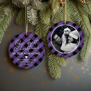 Ornamento De Cerâmica Primeiro Natal em Casa Foto em Xadrez Roxo