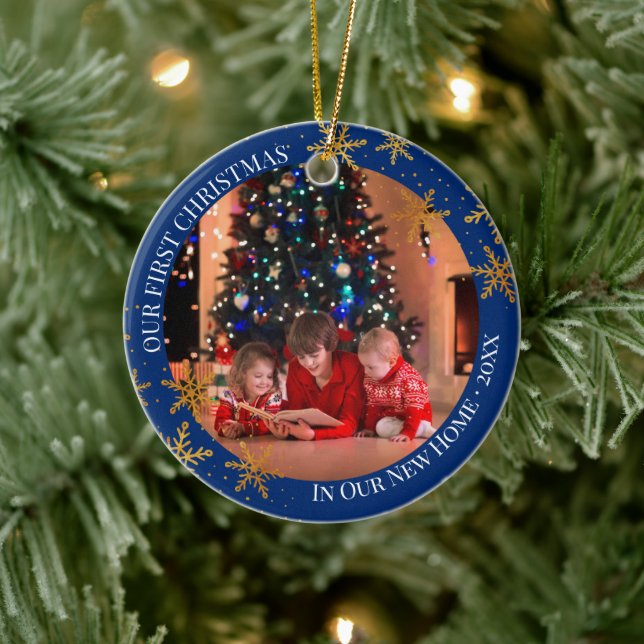 Ornamento De Cerâmica Primeiro Natal em New Home Snowflakes e Foto (Árvore)