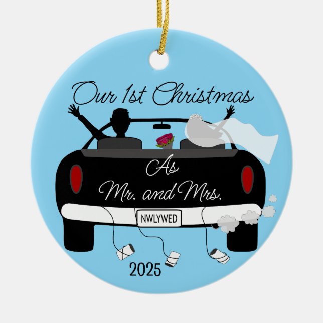 Ornamento De Cerâmica Primeiro Natal em Newlyweds (Frente)