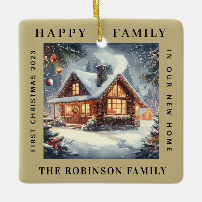 Ornamento De Cerâmica Primeiro Natal Em Nossa Nova Floresta, Sand Ecru (Frente)