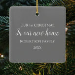 Ornamento De Cerâmica Primeiro Natal Em Nossa Nova Foto<br><div class="desc">Este elegante ornamento da árvore de natal,  com uma foto da casa e no verso o texto " OUR 1RUA CHRISTMAS IN OUR NEW HOME" com o ano e o nome da família.</div>