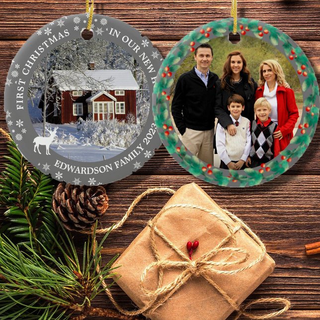 Ornamento De Cerâmica Primeiro Natal em nossa nova foto da Casa (First Christmas in our new home ornament. Add your own photos, text and year to personalize.)
