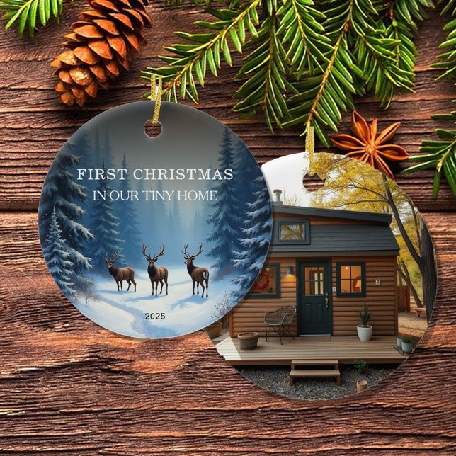 Ornamento De Cerâmica Primeiro Natal em nossa pequena foto de casa (Create your own First Christmas in our Tiny Home photo Ceramic Ornament.)