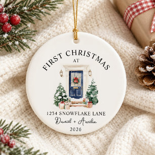 Ornamento De Cerâmica Primeiro Natal em Nova Casa Aquarela Porta Azul