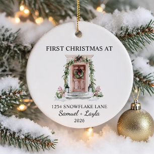 Ornamento De Cerâmica Primeiro Natal Em Nova Casa Aquarela Porta Marrom