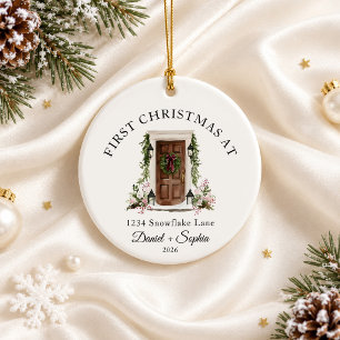 Ornamento De Cerâmica Primeiro Natal Em Nova Casa Aquarela Porta Marrom