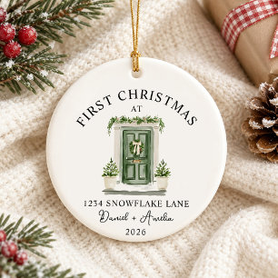 Ornamento De Cerâmica Primeiro Natal em Nova Casa Aquarela Porta Verde