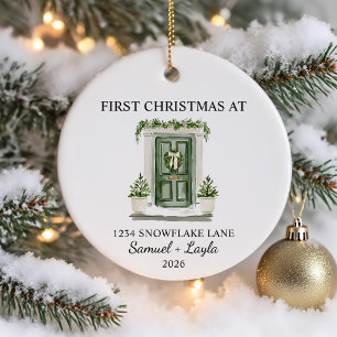 Ornamento De Cerâmica Primeiro Natal Em Nova Casa Aquarela Porta Verde