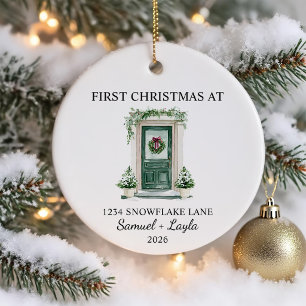 Ornamento De Cerâmica Primeiro Natal em Nova Casa Aquarela Porta Verde