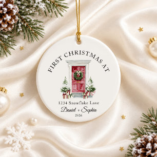 Ornamento De Cerâmica Primeiro Natal em Nova Casa Aquarela Porta Vermelh