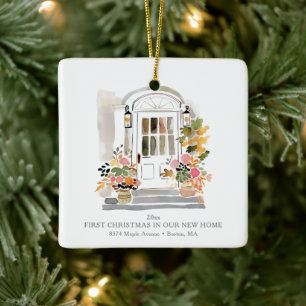 Ornamento De Cerâmica Primeiro Natal em Nova Casa em Aquarela na Porta F