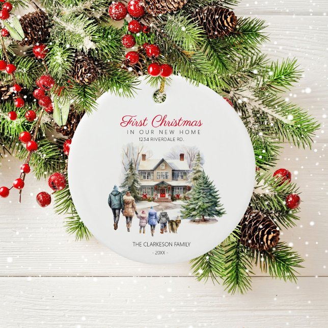 Ornamento De Cerâmica Primeiro Natal em Nova Casa | Família Com Pet (Criador carregado)