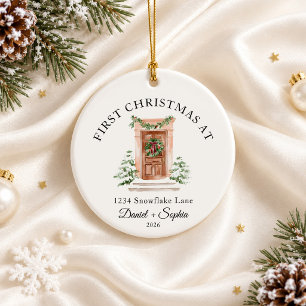 Ornamento De Cerâmica Primeiro Natal Em Nova Casa Porta Aquarela