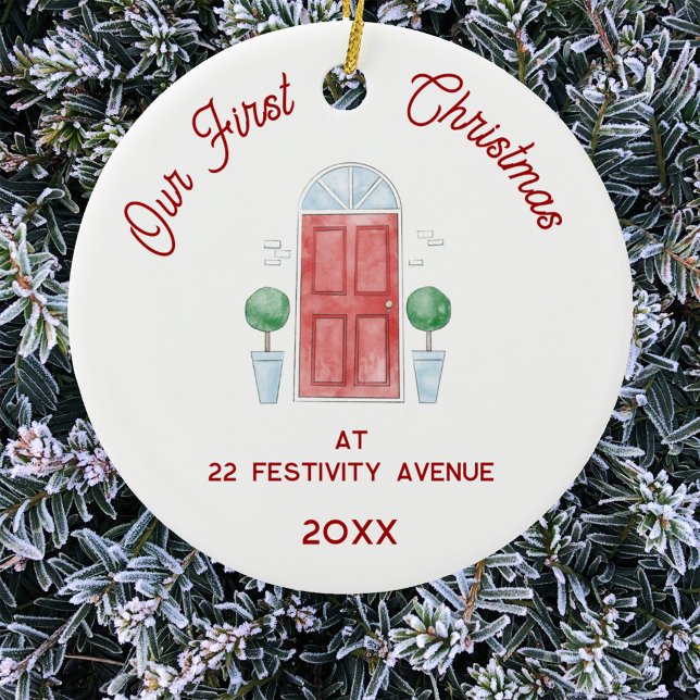 Ornamento De Cerâmica Primeiro Natal em Nova Porta de Aquarela (Personalized first Christmas in new home front door address year ornament)