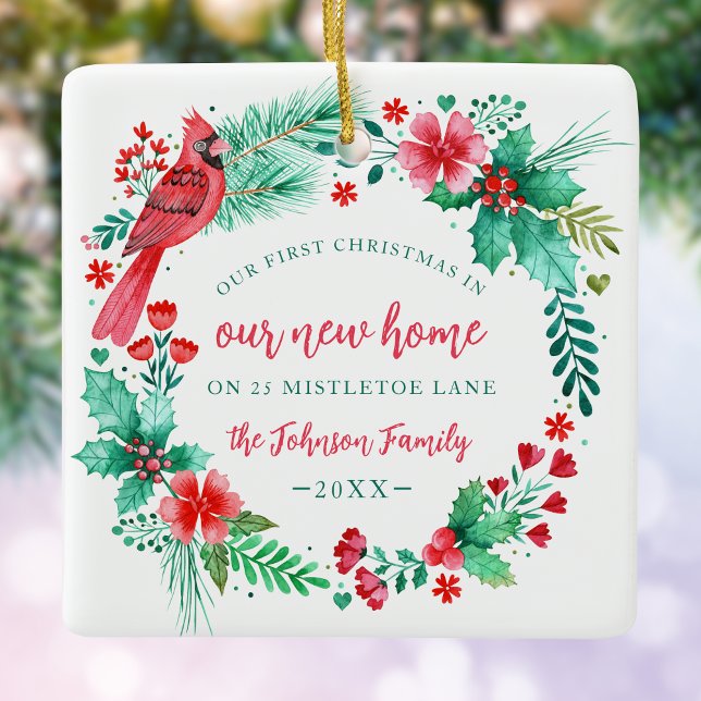 Ornamento De Cerâmica Primeiro Natal em Nova Terra de Aquarela (First Christmas in New Home Watercolor Wreath Ceramic Ornament)