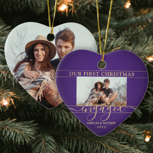 Ornamento De Cerâmica Primeiro Natal Engajados Coração de Foto Roxo e Do