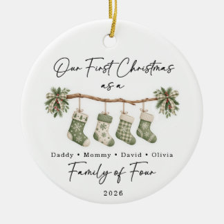 Ornamento De Cerâmica Primeiro Natal Família de Quatro Personalizado
