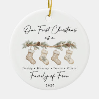 Ornamento De Cerâmica Primeiro Natal Família de Quatro Personalizado