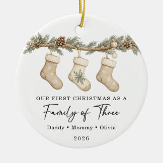Ornamento De Cerâmica Primeiro Natal Família de Três Personalizado