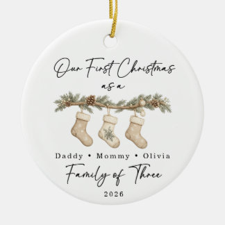 Ornamento De Cerâmica Primeiro Natal Família de Três Personalizado